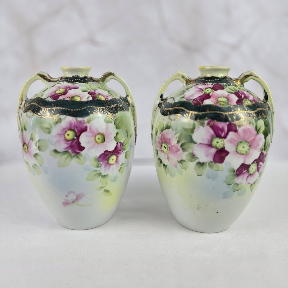 Pair of Nippon Japanese Vases Hand Painted Enamel Beading Floral Gold Accent VTG